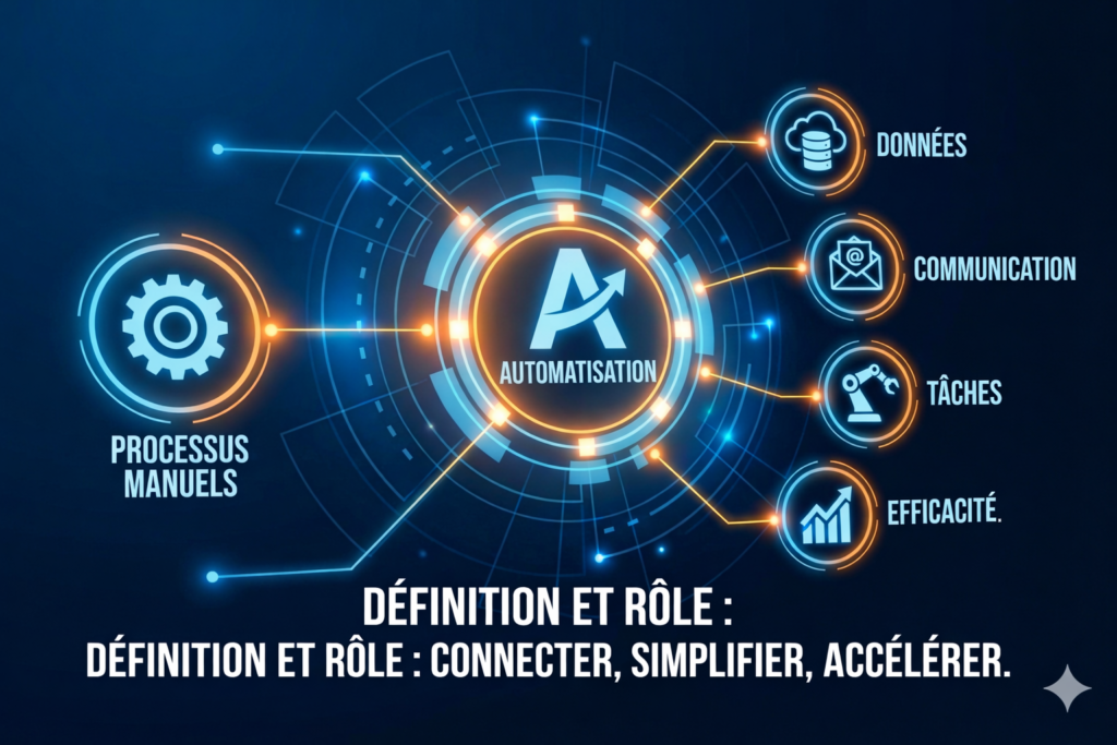 Infographie sur l’automatisation des processus illustrant le rôle d’une agence d’automatisation : connexion des données, automatisation des tâches, amélioration de la communication et augmentation de l’efficacité des entreprises.