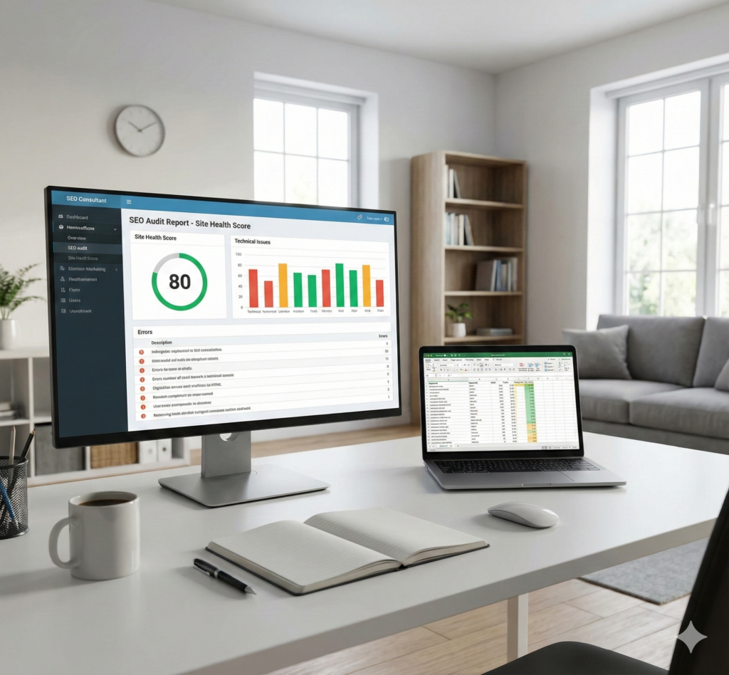 Espace de travail d'un consultant SEO professionnel à domicile, avec un double écran affichant un rapport d'audit technique détaillé, un score de santé de site web de 80 et des analyses de données sur tableur