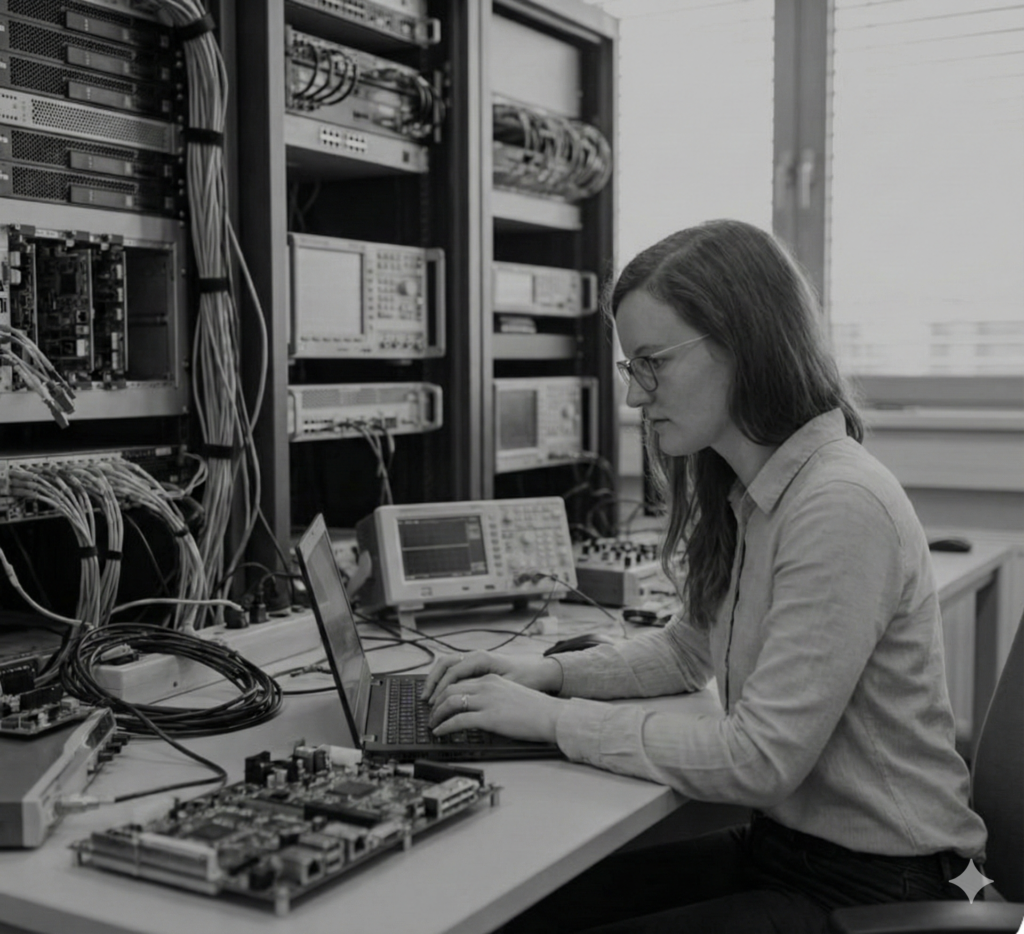 Ingénieure spécialisée travaillant sur un développement technique complexe sur ordinateur portable, entourée d'équipements de haute technologie et de racks de serveurs dans un laboratoire d'infrastructure numérique