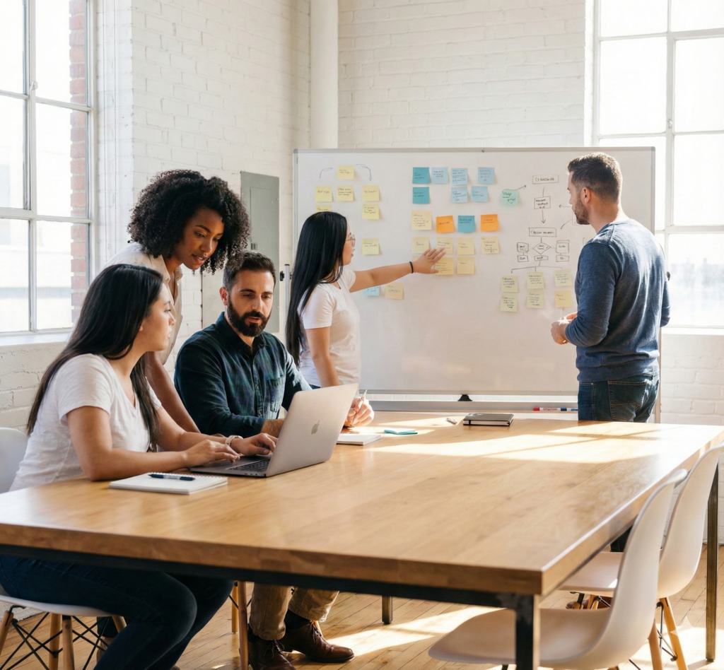 Équipe diverse d'experts en stratégie digitale et marketing en pleine séance de brainstorming collaboratif devant un tableau blanc rempli de diagrammes de flux et de post-it, planifiant des projets complexes dans un bureau moderne."